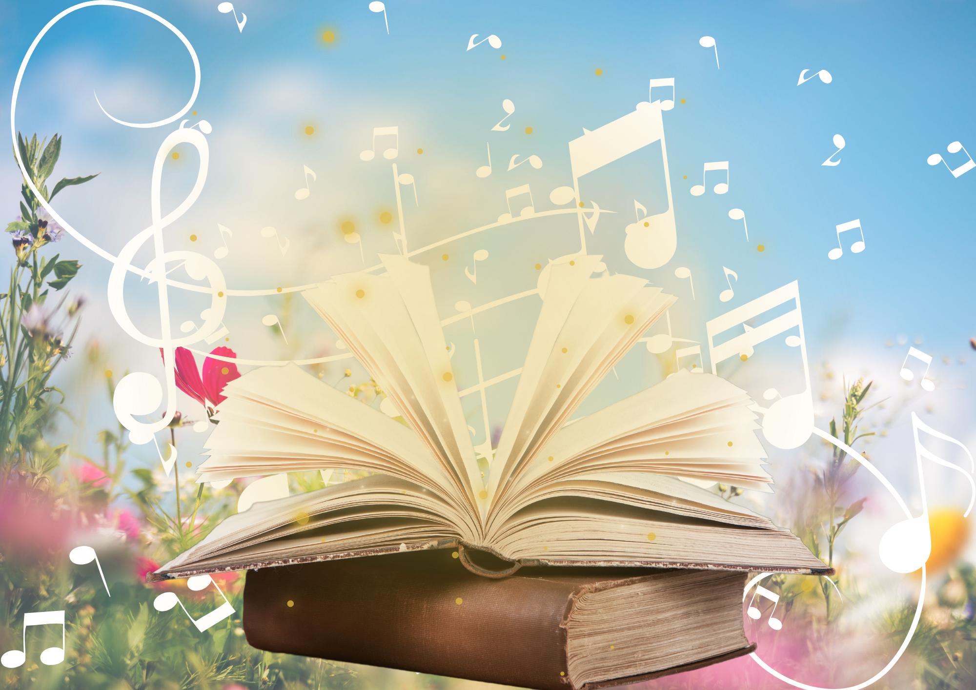 Zwei dicke Bücher sind vor einem frühlingshaften Hintergrund zu sehen. Ein Buch ist aufgeschlagen und versprüh Musiknoten.